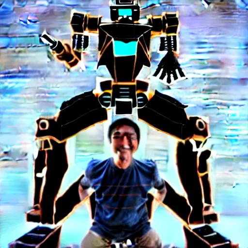 Prompt: a man sitting on a mecha’s shoulders, hyperrealistic, 3D