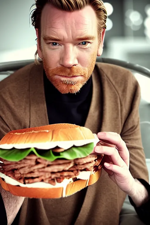 Image similar to A cinematic photo of Ewan McGregor eating sandwich