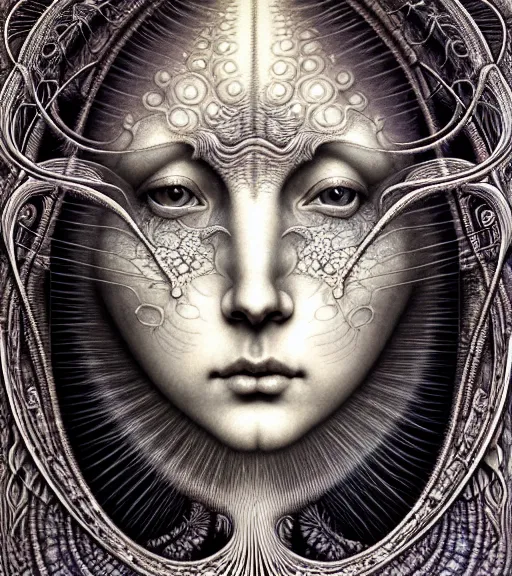 Image similar to detailed realistic beautiful moon goddess face portrait by jean delville, gustave dore, iris van herpen and marco mazzoni, art forms of nature by ernst haeckel, art nouveau, symbolist, visionary, gothic, neo - gothic, pre - raphaelite, fractal lace, intricate alien botanicals, ai biodiversity, surreality, hyperdetailed ultrasharp octane render