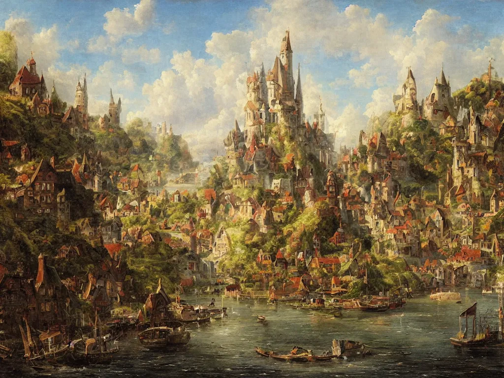 Prompt: a fantasy village, viewed from the harbor, by jean - baptist monge,