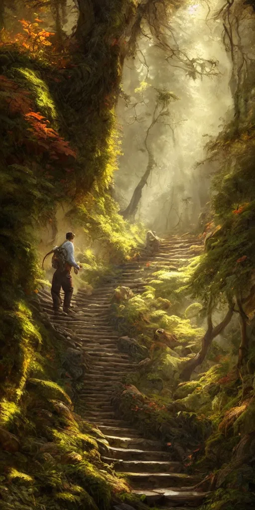 Image similar to a man walking up a steep and winding staircase, in beautiful woods, intricate, dappled lighting, elegant, highly detailed, oil painting, artstation, concept art, sharp focus, beautiful illustration, society, by justin gerard and artgerm, 4 k