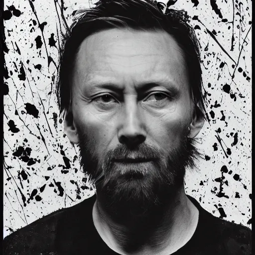 Image similar to Thom Yorke, a man with a beard and a black jacket, a portrait by John E. Berninger, dribble, neo-expressionism, uhd image, studio portrait, 1990s