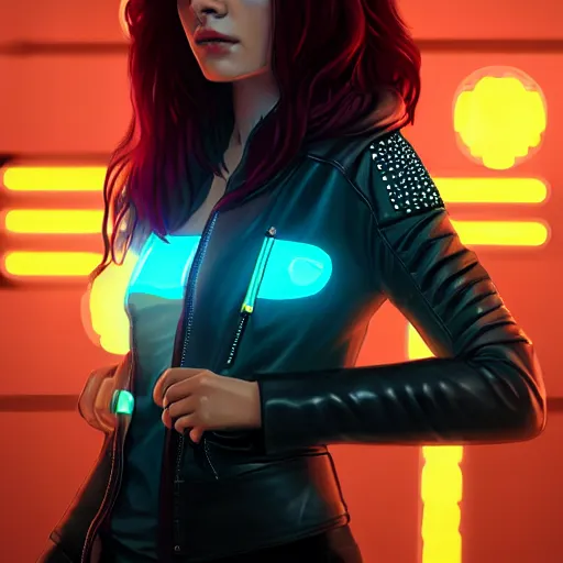 Prompt: pretty young woman with shoulder length shiny shimmering dark red hair and wearing futuristic studded leather jacket with the glow of neon lights illuminating her, path traced, highly detailed, high quality, digital painting, by cd projekt red, cyberpunk, leesha hannigan, makoto shinkai - h 7 0 4