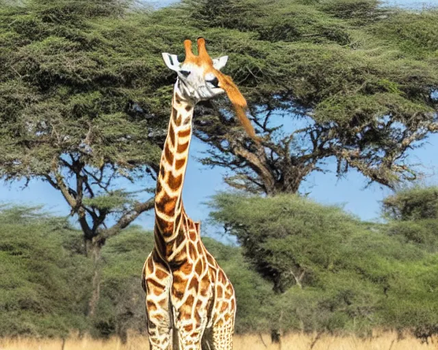 Prompt: a full picture of a whole one giraffe with a short neck in savana