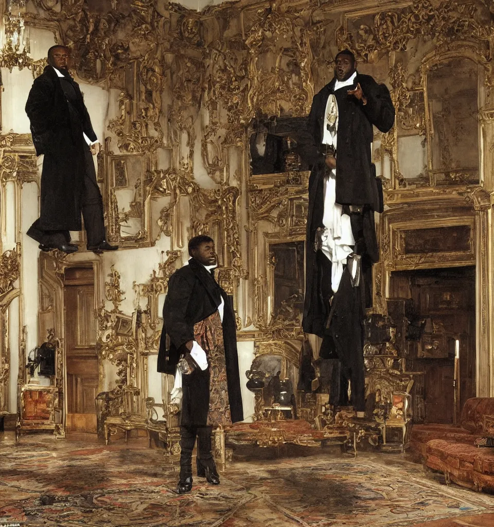 Image similar to a single large black man wearing an overcoat and knee-length black boots stands in the living room of a beautiful ornate baroque English mansion, adebanji alade, lawrence alma-tadema, george goodwin kilburne