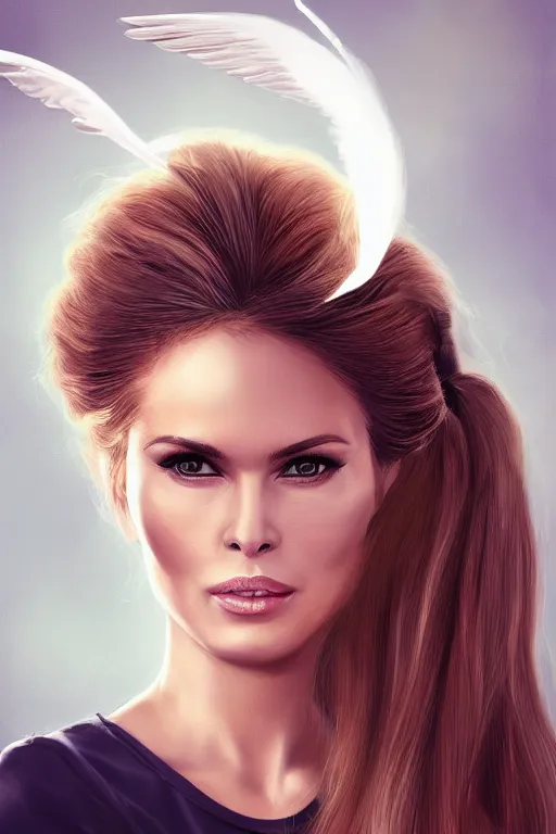 Image similar to portrait of a mix of young maria shriver, mariel hemmingway, melania trump and elle macpherson as an angel, thin lips, hair tied up in a pony tail, white, vine, artstation, cgsociety