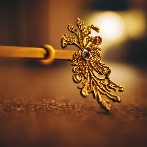 Image similar to macro shot of an intricately detailed golden hanger with an embedded ruby gem, lying on a oak table indoors, sunlit day, f 1. 4