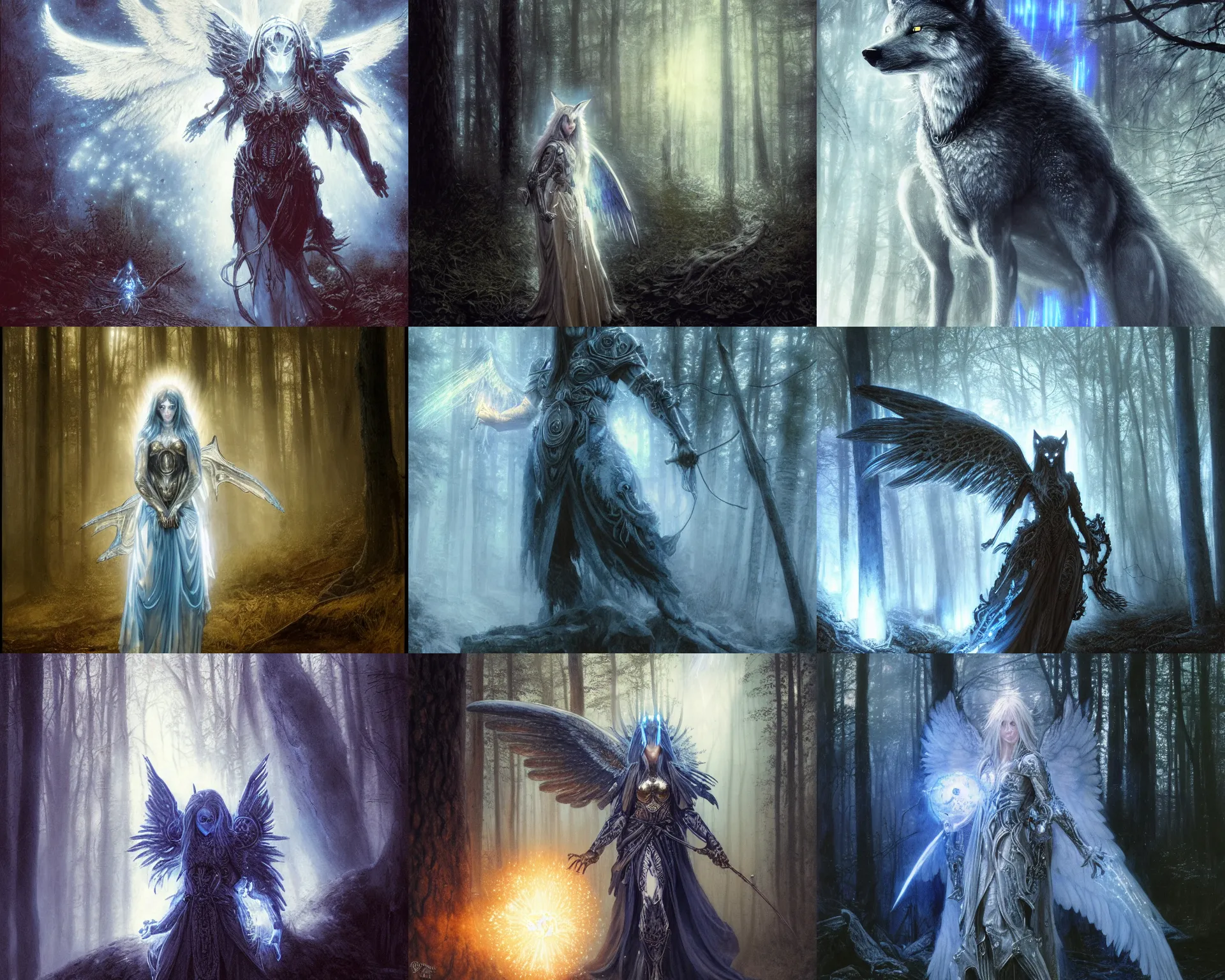 Image similar to 5 5 mm portrait photo of an armored holy wolf angelic with blue glowing eyes and looking at the camera, glowing with holy lights, holy energy, in a magical forest. magical atmosphere. art by greg rutkowski and luis royo. highly detailed 8 k. intricate. lifelike. soft light. nikon d 8 5 0.