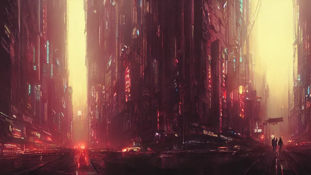 Image similar to streets of a cyberpunk city, blade runner, ghost in the shell, akira, sunset, gorgeous view, depth, rays of light, gorgeous view, robots, painted by seb mckinnon, high detail, digital art, painted by greg rutkowski, trending on artstation