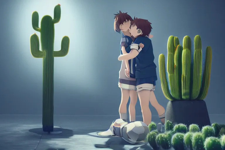 Prompt: beautiful anime of harry kane hugging a tall cactus, highly detailed, realistic, dynamic lighting, octane render, cinematic, masterpiece, trending on artstation,