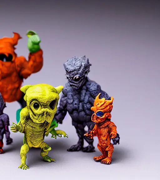 Prompt: miniature figurines of monsters, tilt shift, product photography, hyper color