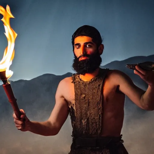 Image similar to award winning cinematic still portrait of intense 27 year old Mediterranean skinned man in Ancient Canaanite clothing, holding a flaming torch, beard, short hair, Nighttime. Army holding torches in the background, action, violence, Biblical epic directed by Steven Spielberg