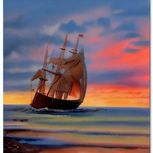 Prompt: medieval ship on the sea, sunset, painting style claude gellee