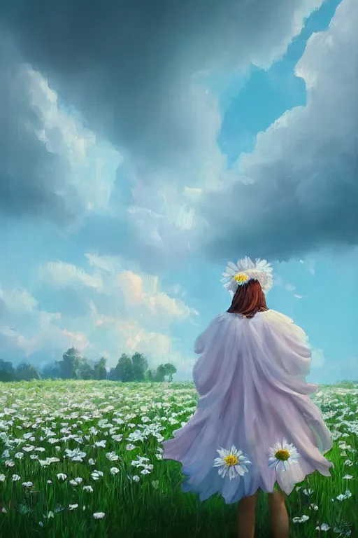 Image similar to giant white daisy flowers as face veil, girl walking in a flower field, surreal photography, sunrise, dramatic light, impressionist painting, colorful clouds, digital painting, artstation, simon stalenhag