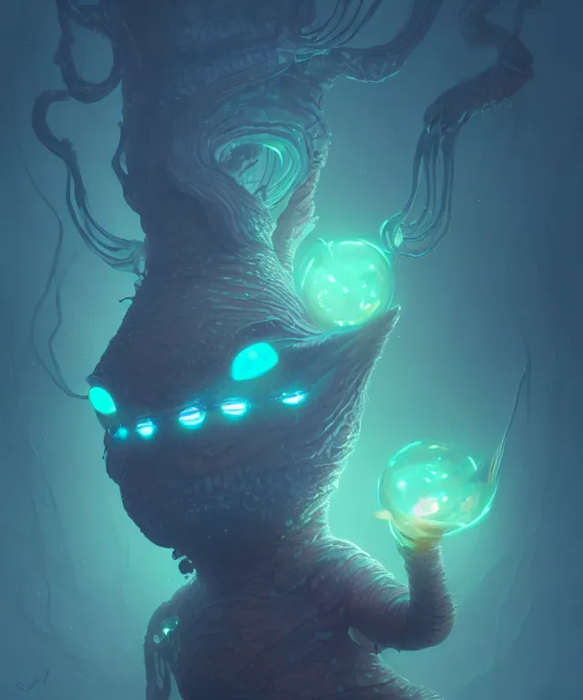 Image similar to a tiny creature with enormous eyes made of bioluminescence, fantasy, elegant, crisp 8 k line work, emissive lighting, digital painting, artstation, unreal engine, octane render, concept art, matte, sharp focus, illustration, art by james jean and justin gerard and josan gonzalez