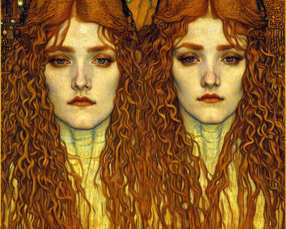 Image similar to detailed realistic beautiful young medieval queen face portrait by jean delville, gustav klimt and vincent van gogh, art nouveau, symbolist, visionary, gothic, pre - raphaelite, muted earthy colors, desaturated