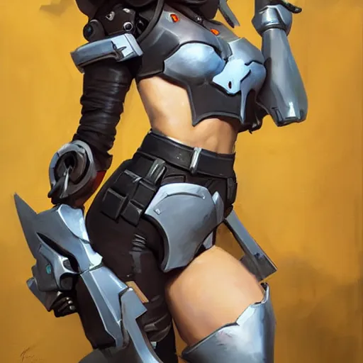 Image similar to greg manchess portrait painting of armored lady death as overwatch character, medium shot, asymmetrical, profile picture, organic painting, sunny day, matte painting, bold shapes, hard edges, street art, trending on artstation, by huang guangjian and gil elvgren and sachin teng