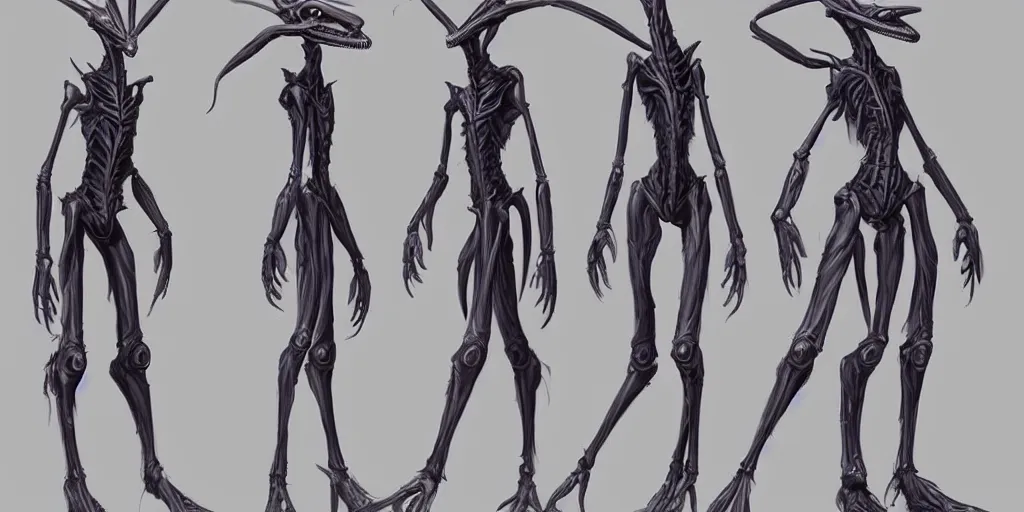 Prompt: a humanoid mantis alien creature, character design sheet, detailed concept art by blizzard