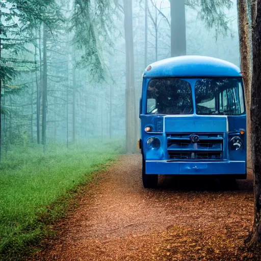 Image similar to blue bus in misty forest scene, the sun shining through the trees