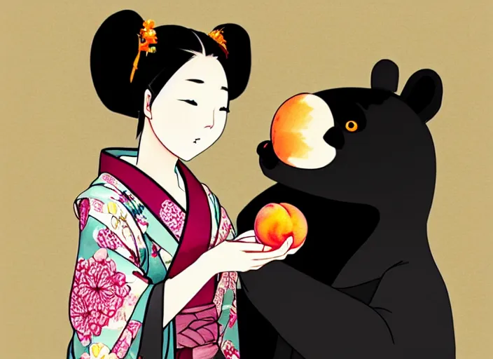 Image similar to ink painting of a girl wearing a kimono giving a peach to a large anthropomorphic asian black bear, featured in artstation, artgerm, octane render, award winning, cinematic, elegant, intricate, 8 k, close up, in the style of studio ghibli and heikala and alphonse mucha,