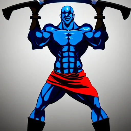 Image similar to blue skinned muscular man, swords in hands, 4 hands, HD, anime,