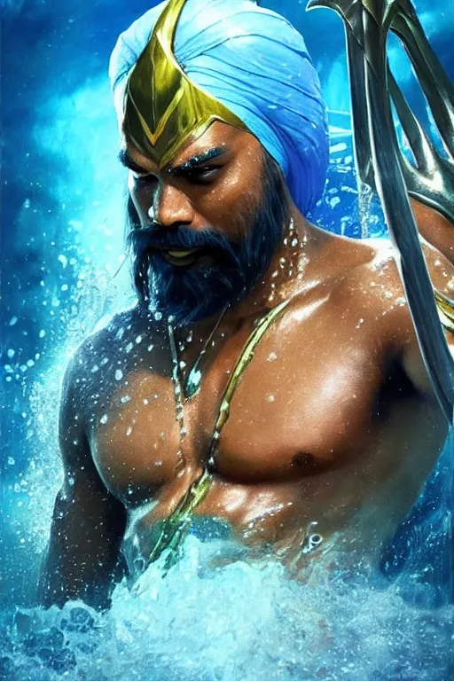 Image similar to Manmohan Singh as Aquaman, Aquaman costume, Manmohan Singh blue turban, Aquaman body type, Manmohan Singh Face, calm, grumpy, portrait, masculine figure, highly detailed, digital painting, artstation, concept art, smooth, sharp focus, illustration, cinematic lighting, art by artgerm and greg rutkowski and alphonse mucha