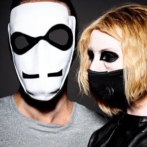 Prompt: a photo of a man and a woman performing darkwave music, clothes by rick owens and faces covered by masks, short blond hair