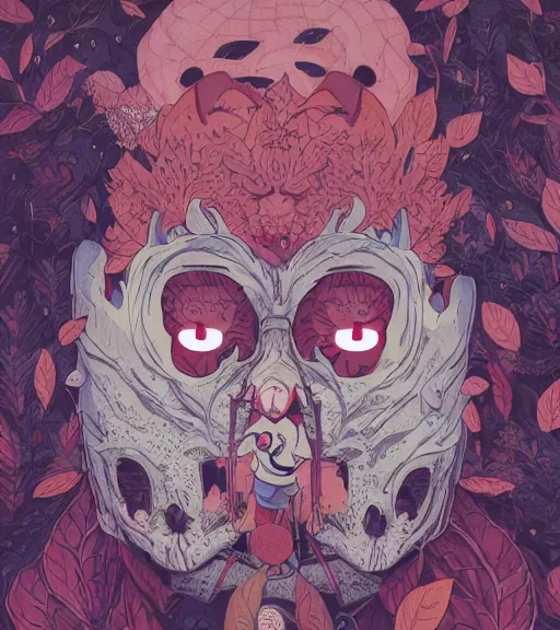Prompt: portrait, nightmare anomalies, leaves with half kitsune mask by miyazaki, violet and pink and white palette, illustration, kenneth blom, mental alchemy, james jean, pablo amaringo, naudline pierre, contemporary art, hyper detailed
