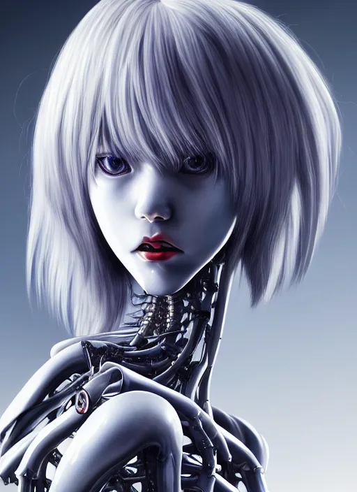 Image similar to Rei Ayanami by Yoshitaka Amano, by HR Giger, biomechanical, profile portrait, 4k, wide ayes, hyper detailed, hyperrealism, anime, deviantart artstation