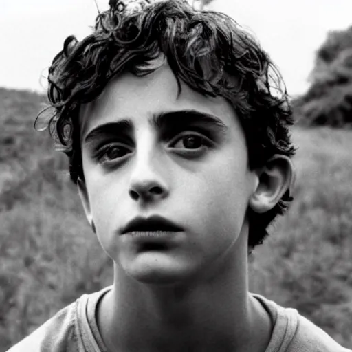 Prompt: timothee chalamet plays ralph in lord of the flies ( 1 9 6 3 ), 3 5 mm black and white, highly detailed, cinematic lighting