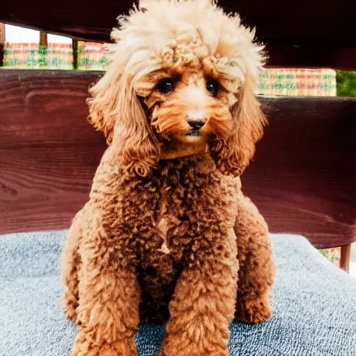 Image similar to very realistic cute brown poodle puppy sitting inside a tea cup