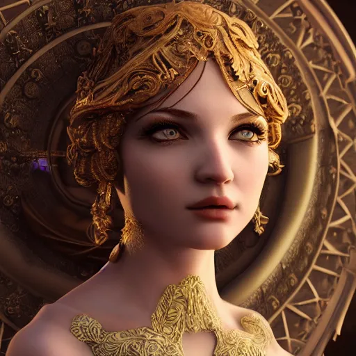 Image similar to a beautiful goddess dreamy eyes, lusty full body, ornated, intricate fabric gown, portrait 3 d figurine, octane render, 8 k, artstation, unreal engine, art nouveau, cinematic setting, hd, realistic fantasy background