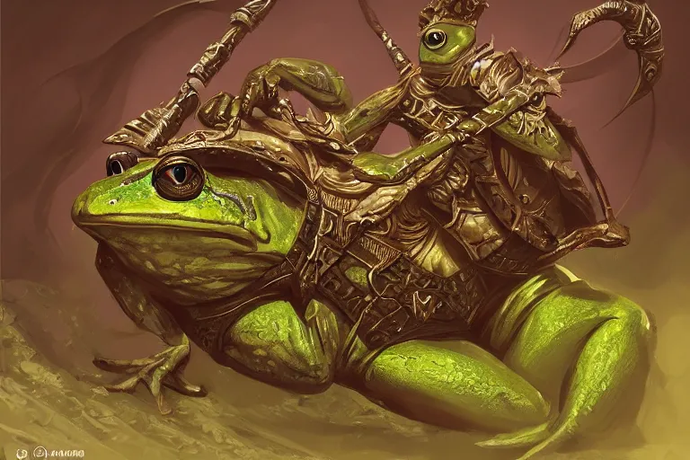 Image similar to Frog warrior king. D&D, fantasy, intricate, elegant, highly detailed, digital painting, artstation, concept art, matte, sharp focus, illustration