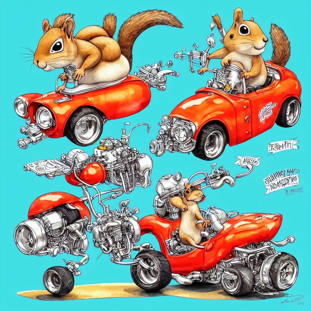 Image similar to cute and funny, squirrel wearing a helmet riding in a hot rod with oversized engine, ratfink style by ed roth, centered award winning watercolor pen illustration, isometric illustration by chihiro iwasaki, edited by range murata, tiny details by artgerm and watercolor girl, symmetrically isometrically centered, sharply focused