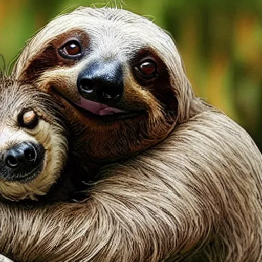 Prompt: a sloth kissing a dog