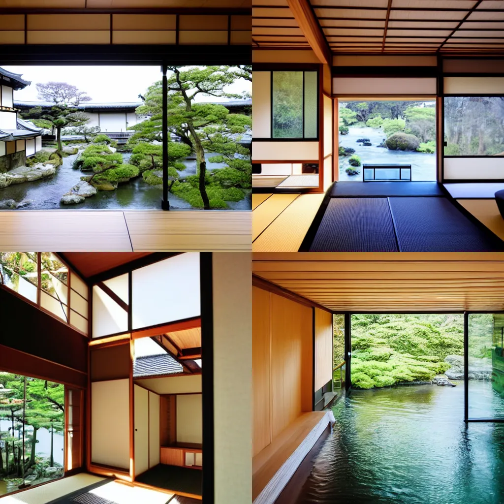 Prompt: inside of modern Japanese house with a river running through