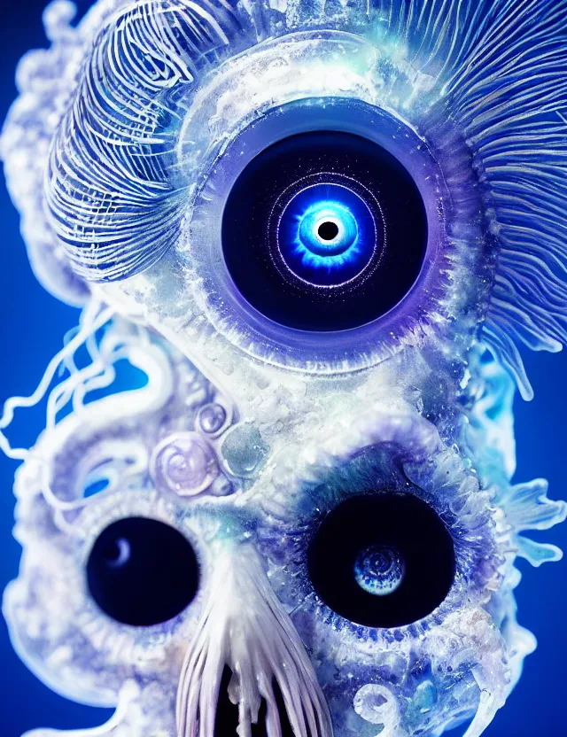 Image similar to eye of god macro close - up portrait with mask made of ram skull. betta fish, jellyfish phoenix, bioluminiscent, plasma, ice, water, wind, creature, super intricate ornaments artwork by tooth wu and wlop and beeple and greg rutkowski