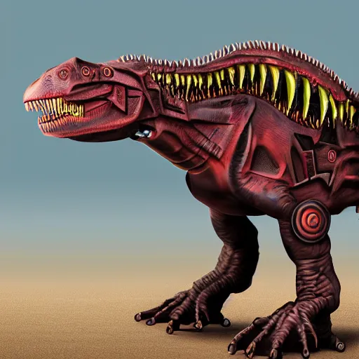 Prompt: teleguided mechanical t-rex, photorealistic, 4k