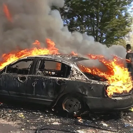 Image similar to A still of a destroyed car on fire, slow motion flames