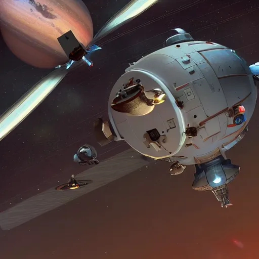 Image similar to movie still close up view of a spaceship in spacedock around planet saturn. huge space ladybug service the spaceship. detailed, cgsociety, highly detailed, dramatic lighting, coherent, octane, silent runninng.