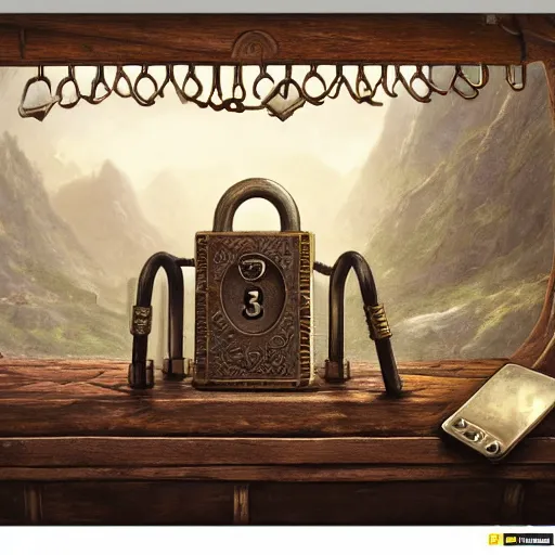 Image similar to a realistic detailed matte painting of a beautiful ornate antique rusty padlock with a keyboard number pad on the front of it, by Andreas Rocha and John Howe, trending on CGstation and ArtStation, 4k hd wallpaper, detailed realistic lighting