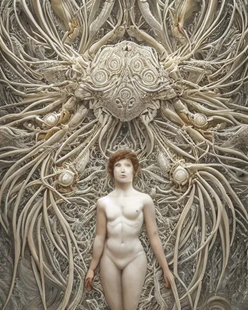Image similar to symmetry, intracate white marble bas relief sculpture of a woman made of crabs, white marble with gold wire inlay, thousands of crabs, thousands of spiders, thousands of tarantulas, highly detailed, intricately detailed, art nuevo, octane, 8 k, hdr, art by hr geiger and ridley scott and alphonse mucha, trending on artstation