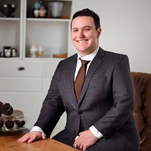 Prompt: A smiling chubby white clean-shaven man dressed in a chocolate brown suit and necktie is sitting on a stool. Realistic