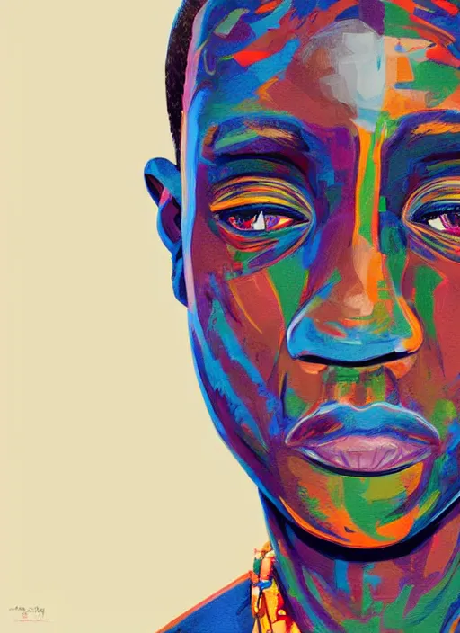 Image similar to colourful upper half portrait of an african boy - art by aya takano, highly detailed, digital painting, illustration, smooth, sharp focus, intricate, symmetry, pinterest, behance, artstation