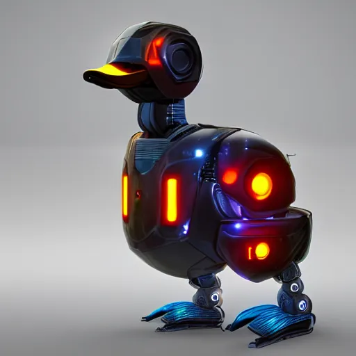 Prompt: a futuristic illustration of a robot duck, cyberpunk, 4k unreal engine, realistic