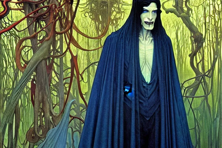 Image similar to realistic extremely detailed portrait painting of an elegantly creepy vampire man in a cape, futuristic sci-fi forest on background by Jean Delville, Amano, Yves Tanguy, Alphonse Mucha, Ernst Haeckel, Edward Robert Hughes, Roger Dean, rich moody colours, blue eyes