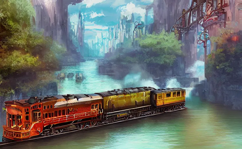 Prompt: A steam locomotive rides inside of a waterway on a fantasy city. Fantasy and concept art, colorful digital painting, unreal engine.