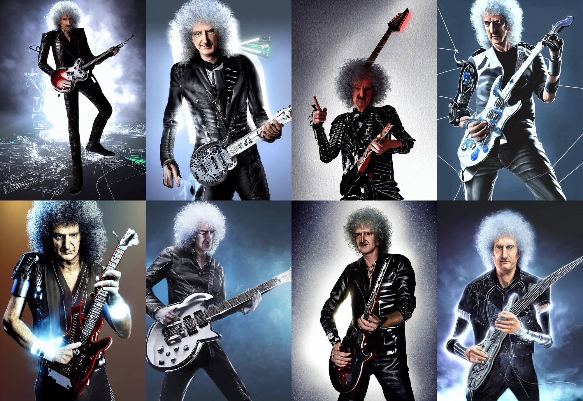 Prompt: a cyborg version of brian may, holding an electric guitar, leds, chrome, science fiction, concept art, atmospheric, volumetric light, very realistic, highly detailed digital art