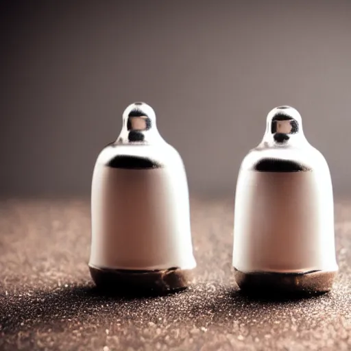 Prompt: closeup photograph of salt and pepper shakers, 4K HD award winning, studio lighting, bokeh