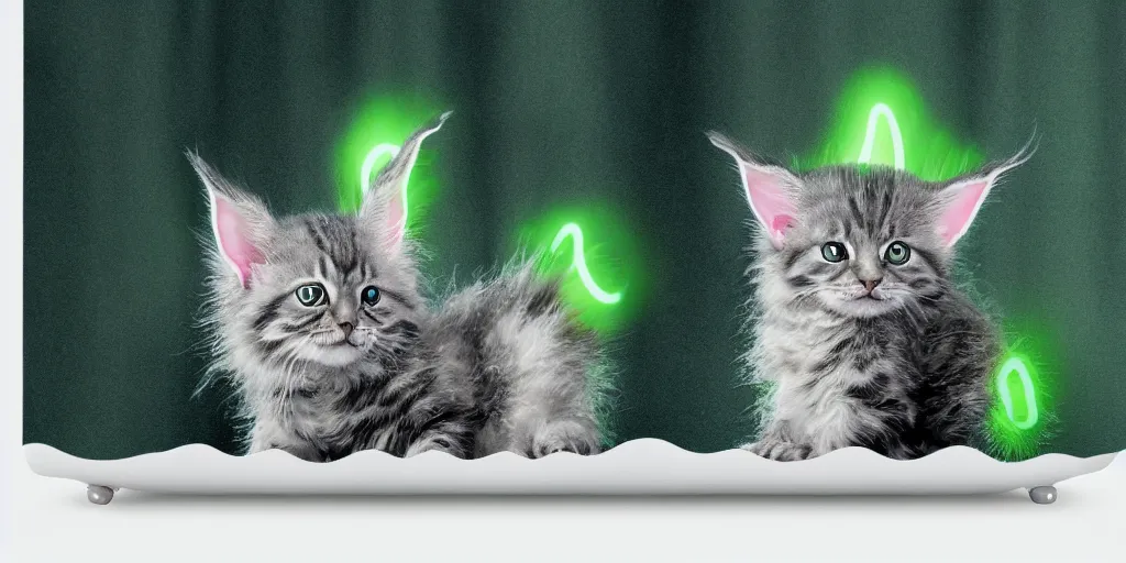 Image similar to a ( ( ( ( ( main coon kitten ) ) ) ) ) baby yoda themed shower curtain, shower curtain. product photography. product lighting. digital art. 4 k, highly detailed. saturated. baby yoda themed shower curtain.